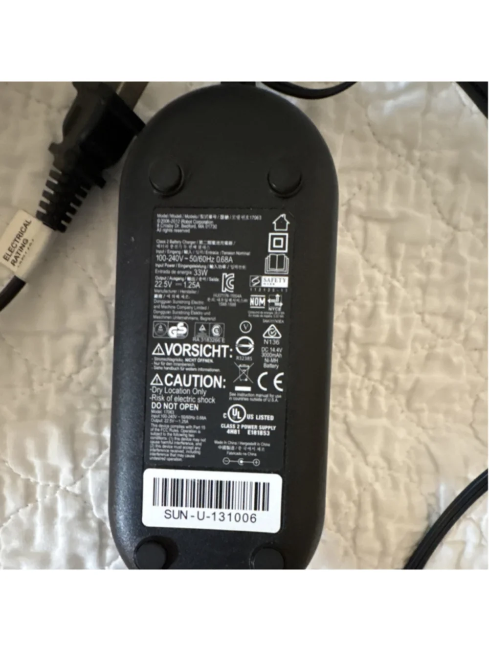 iRobot AC/DC Adapter 22.5V Black 5 ft Cable Barrel Model 17063 SUN-U-131006